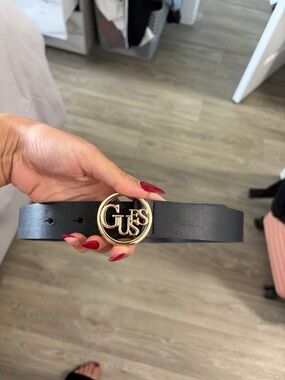 GUESS Black Belt with Gold Logo Circle Buckle